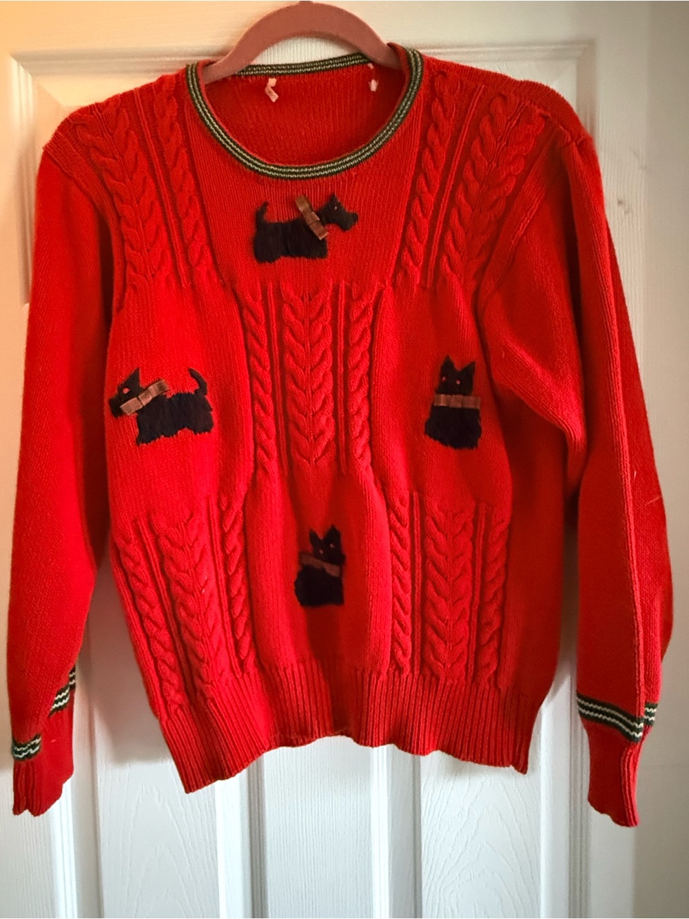 Red Cable-Knit Sweater with Scottie Dog Appliqués